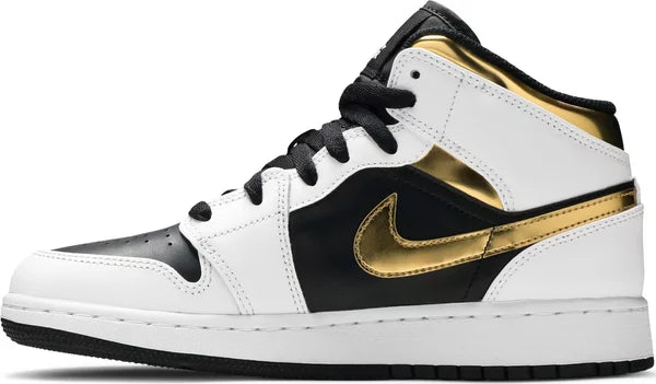 Jordan 1 Mid Patent Black White Gold (GS)