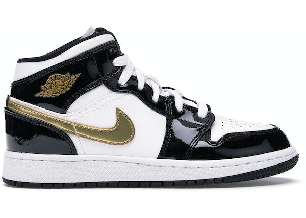 Jordan 1 Mid Patent Black White Gold (GS)